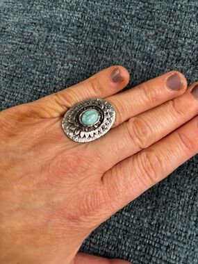 Vintage Style Turquoise Statement Ring Silver Tone Boho Southwestern Adj Ring